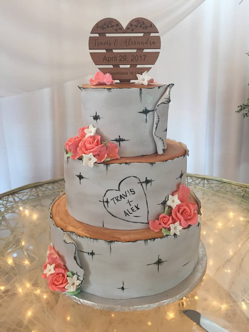 Aspen Log Wedding Cake With Peach Flowers