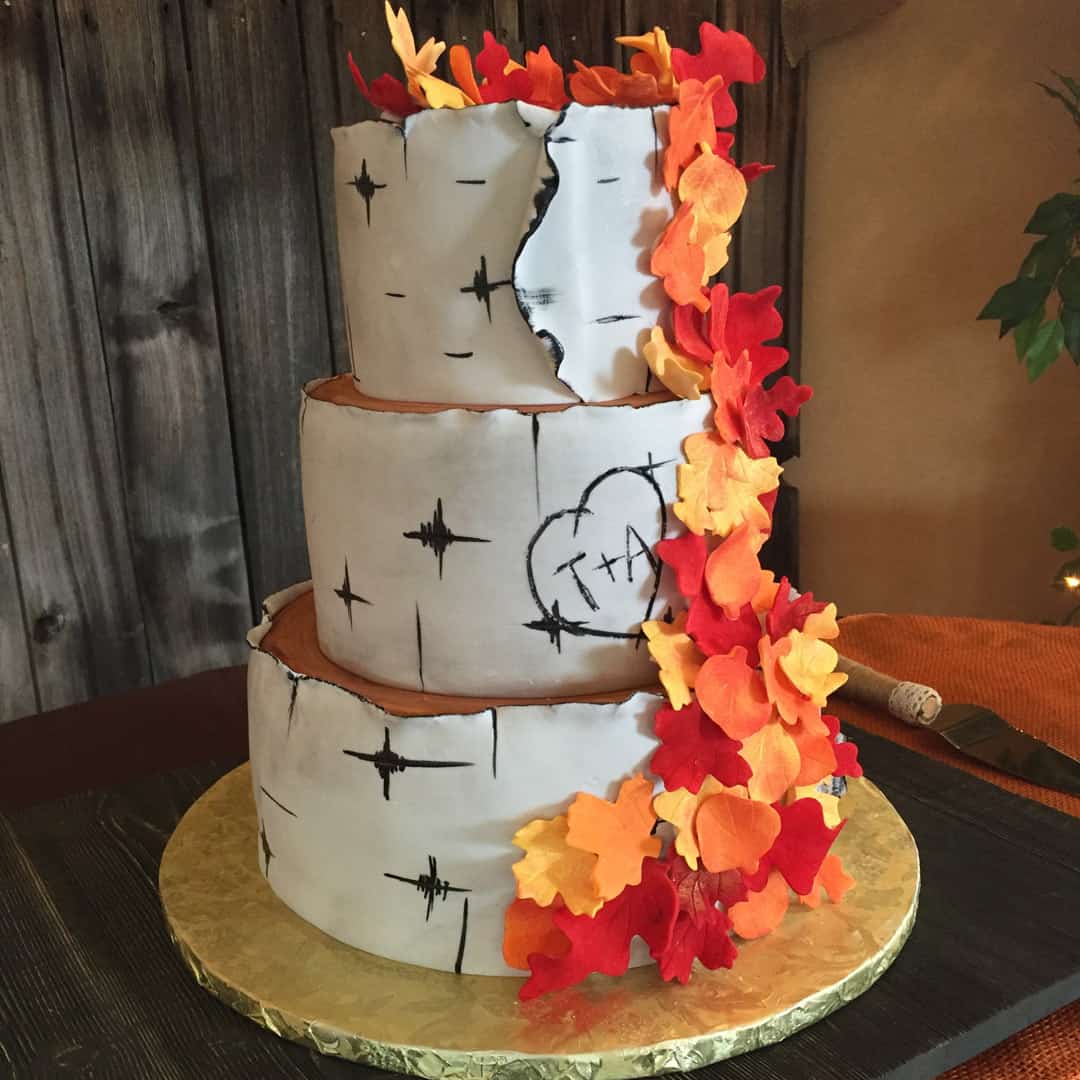 Birch Wedding Cake with Fall Leaves