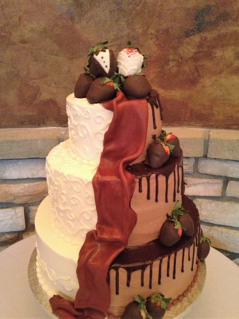 Half and Half Wedding Cake with Chocolate Covered Strawberries