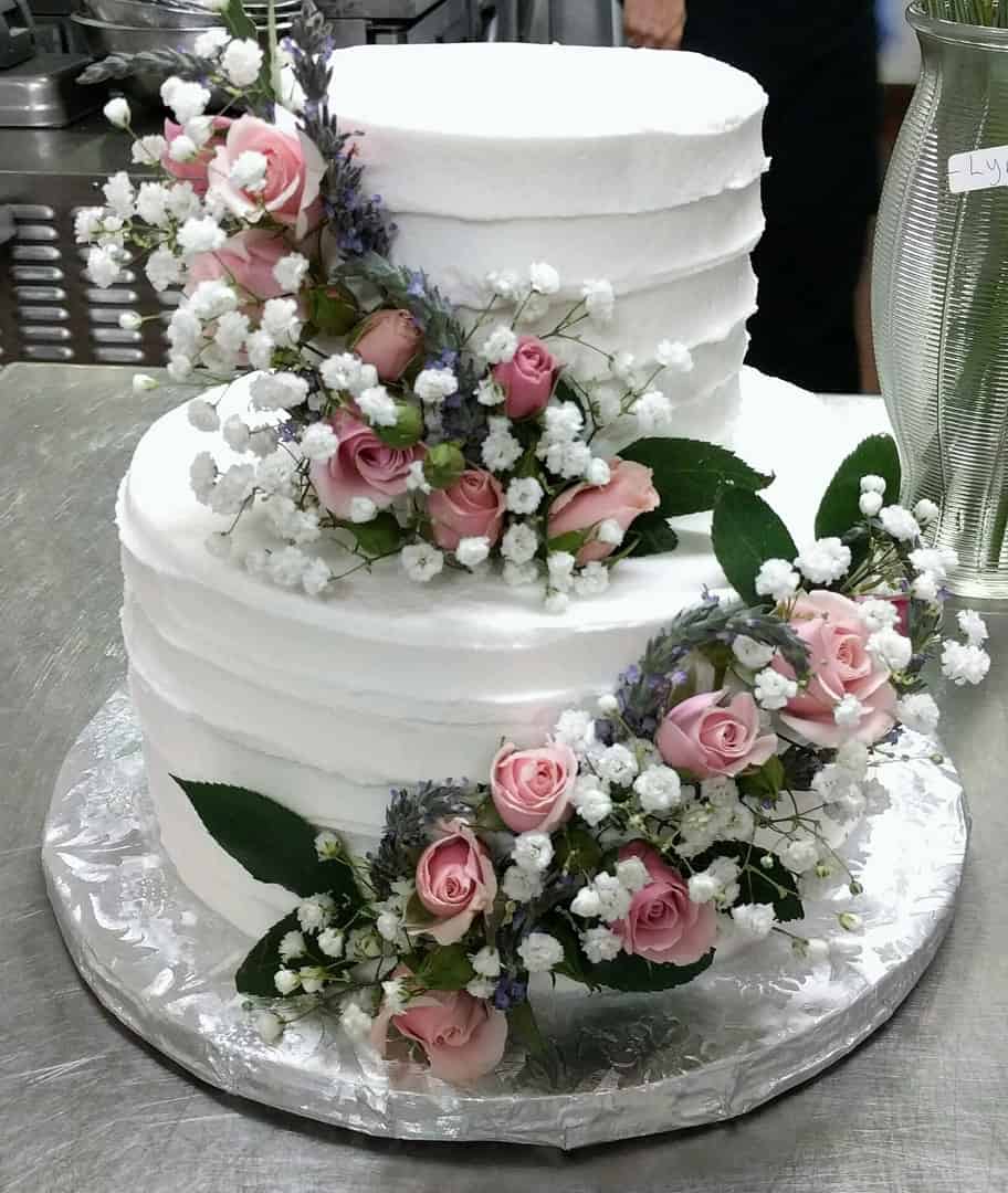Horizontal Striped Wedding Cake WIth Pink Flowers