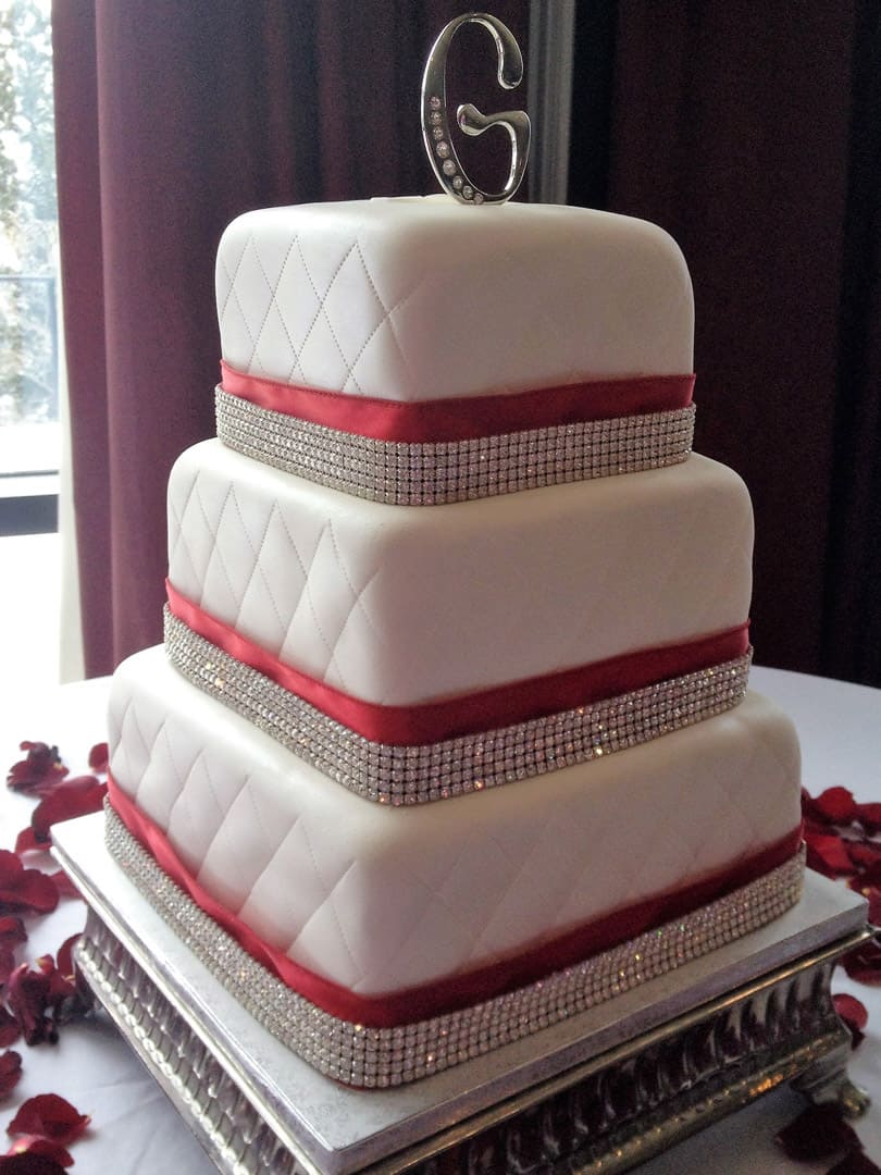 Red Ribbon and Bling Square Wedding Cake